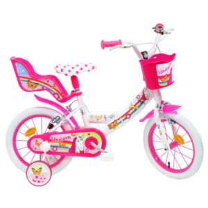 Vélo 14″ Fille “Licorne/Unicorn” pour enfant de 95/110 cm avec stabilisateurs à molettes – Porte poupée – Panier avant – 2 freins