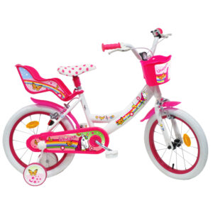 Vélo 16″ Fille “Licorne/Unicorn” pour enfant de 105/120 cm avec stabilisateurs à molettes – Porte poupée – Panier avant – 2 freins