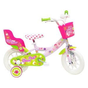 Vélo 12″ Fille “Pink Bloom”  pour enfant de 3 à 5 ans avec stabilisateurs à molettes – Porte poupée – Panier avant – 1 frein
