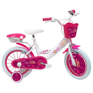 Vélo 16″ Fille “Lolligirl” pour enfant de 5 à 7ans avec stabilisateurs à molettes – Panier avant – Coffre arrière – 2 freins