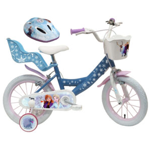 Vélo 14″ Fille Licence “Reine des Neiges” + Casque pour enfant de 4 à 6 ans avec stabilisateurs à molettes – 2 freins
