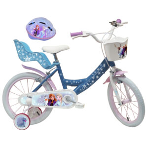Vélo 16″ Fille Licence “Reine des Neiges” + Casque pour enfant de 5 à 7 ans avec stabilisateurs à molettes – 2 freins