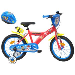 Vélo 16″ Gar√ßon Licence “Pat Patrouille” + Casque pour enfant de 4 à 6 ans avec stabilisateurs à molettes – 2 freins