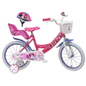 Vélo 16″ Fille Licence “Minnie” + Casque pour enfant de 105/120 cm avec stabilisateurs à molettes – 2 freins – Panier avant – Porte poupée arrière