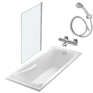 Baignoire JACOB DELAFON Corvette, vidage + mitigeur mural et douchette + pare bain 170 x 70