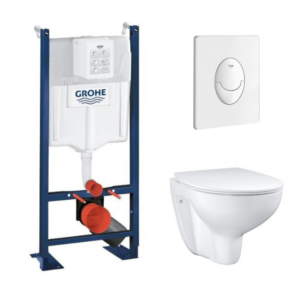 GROHE Pack WC sans bride Bau Ceramic avec abattant + B√¢ti support WC Rapid SL + plaque de commande blanche Start
