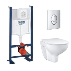Pack WC sans bride Bau Ceramic + abattant Grohe + B√¢ti support wc Grohe Rapid SL + Plaque de commande GROHE Start chromé rond