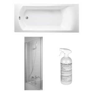 Baignoire droite JACOB DELAFON Ove 170 x 70 cm, bonde excentré + pare bain chrome + nettoyant