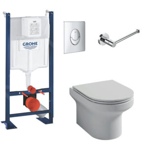Pack WC suspendu sans bride Jacob Delafon  Elite + B√¢ti support wc Grohe + plaque de commande chromé