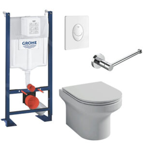 Pack WC suspendu sans bride JACOB DELAFON Elite + B√¢ti support GROHE Rapid SL + plaque blanche Quickfix + porte-rouleau chromé