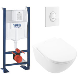 Lot WC modèle suspendu VILLEROY ET BOCH Universo TwistFlush blanc + b√¢ti et plaque blanche GROHE