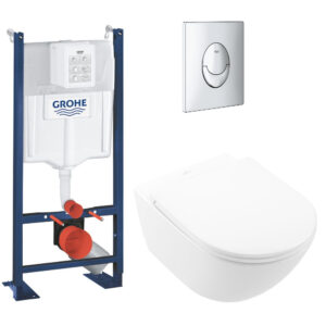 Lot WC modèle suspendu VILLEROY ET BOCH Universo TwistFlush blanc + b√¢ti et plaque chromée GROHE