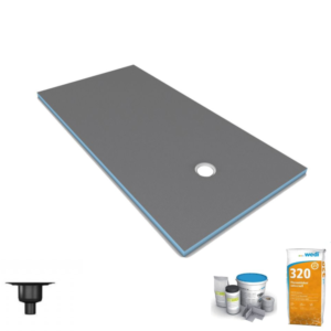Receveur de douche à carreler 140 x 90 WEDI Fundo Primo écoulement excentré + bonde verticale + kit d’étanchéité + colle 320