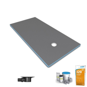 Receveur de douche à carreler 160 x 100 WEDI Fundo Primo écoulement excentré + bonde horizontale + kit d’étanchéité + colle 320