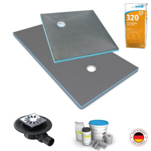 Receveur de douche à carreler 180 x 90 WEDI Fundo Primo écoulement excentré + bonde horizontale + kit d’étanchéité + colle 320