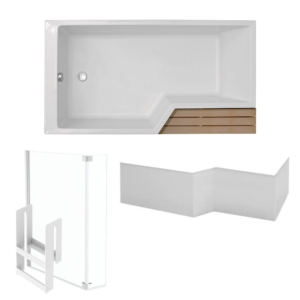 Pack baignoire bain douche antidérapante 170 x 90 JACOB DELAFON Neo blanc mat – v.gauche + pare bain chromé + tablier