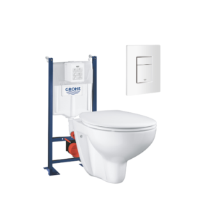 Pack WC suspendu sans bride GROHE Bau ceramic + B√¢ti support + abattant + plaque carré blanc alpin