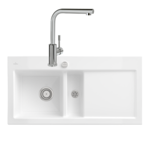 Evier VILLEROY ET BOCH Subway Pure 60 égouttoir à droite vidage auto + Robinet de cuisine Modern Steel Acier Massif Poli