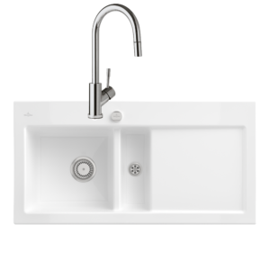 Evier VILLEROY ET BOCH Subway Pure 60 égouttoir à droite vidage auto + Robinet de cuisine Umbrella Flex Acier Massif Poli