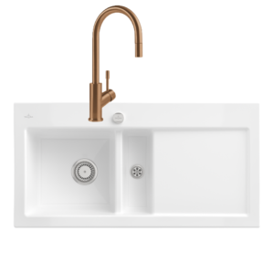 Evier VILLEROY ET BOCH Subway Pure 60 égouttoir à droite vidage auto + Robinet de cuisine Umbrella Flex Bronze