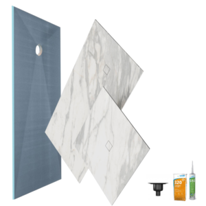 Receveur de douche à carreler 180 x 90 WEDI Fundo primo + revêtement Top marble white + colle + bonde verticale + kit étancheité