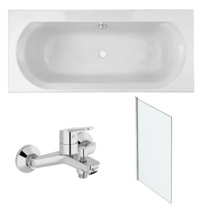 Pack baignoire droite 170 x 75 JACOB DELAFON Elise + mitigeur bain douche chromé + pare bain chromé + vidage