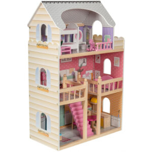 Mamabrum Grande Maison de Poupées en Bois, √âclairage LED 60x30x90 cm – 3 √âtages Terrasse & Accessoires – CE EN71 – Peinture Ecologique Couleurs Pastel