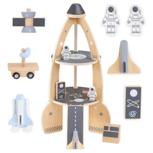 Grande Fusée Spatiale en bois avec accessoires à construire Mamabrum- Garage enfant +3, 2 astronautes, 2 véhicules d’espace, Peinture √âcologique