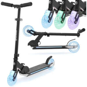 Trottinette Enfant +5 ans max 50kg avec frein à pied Flex-fender, LED, pliable, Légère, Hauteur Guidon Réglable 63-82 cm, Roue Caoutchouc 125 cm