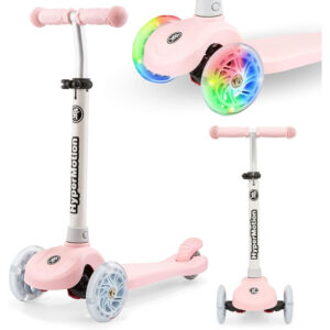 Trottinette 3 roues enfant +3ans 50Kg Max, Trottinette D’équilibre, Socle Antidérapant Frein, Hauteur Réglable 55-70 cm Roues Lumineuses LED, Rose