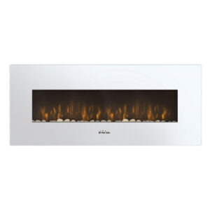 Cheminée électrique panoramique avec éclairage LED d’ambiance et panneau frontal blanc